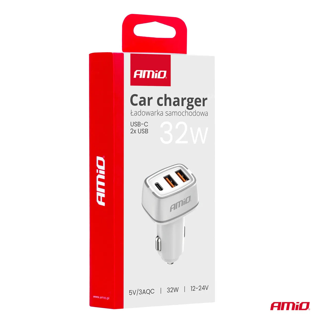 Car charger 2x USB-A + USB-C 32W 12/24V