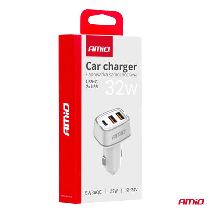 Car charger 2x USB-A + USB-C 32W 12/24V