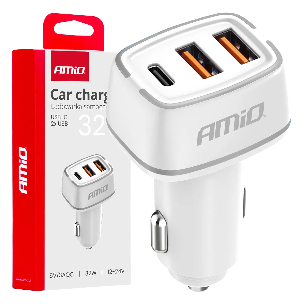 Car charger 2x USB-A + USB-C 32W 12/24V