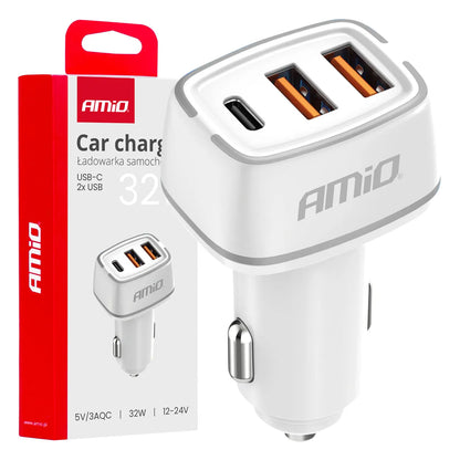 Car charger 2x USB-A + USB-C 32W 12/24V
