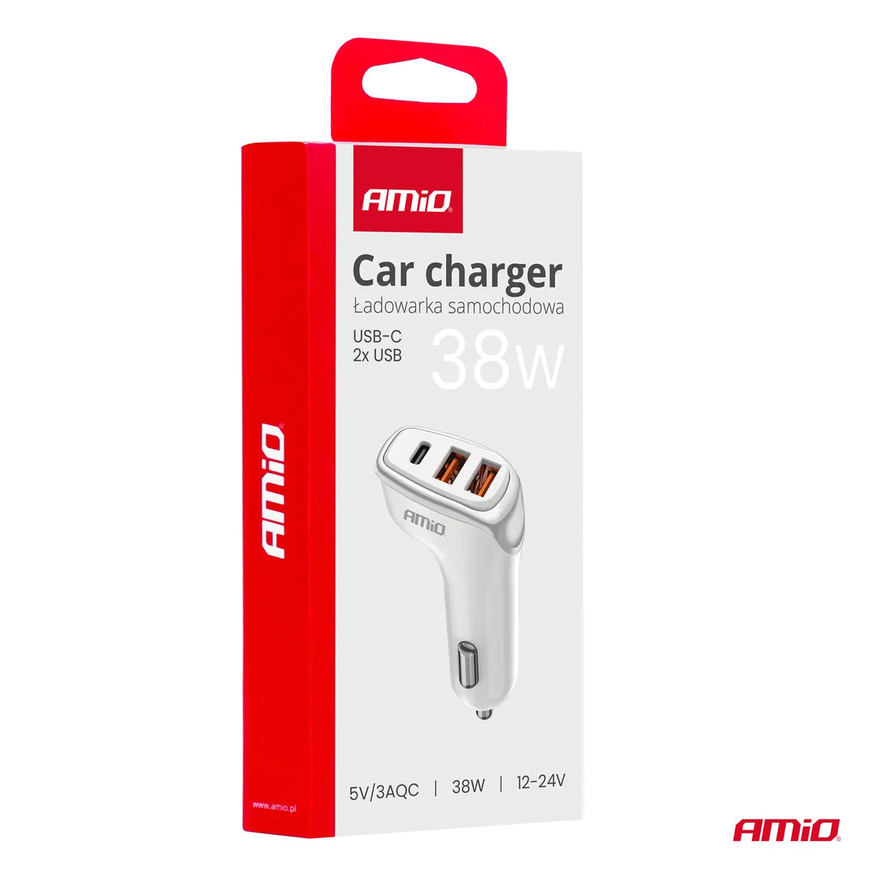 Car charger 2x USB-A + USB-C 38W 12/24V