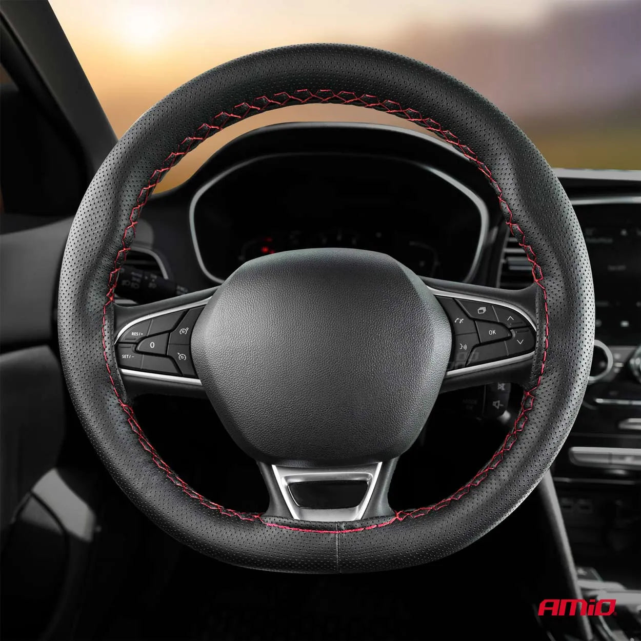 Perforated Stitching steering wheel cover black with red thread 38-39 cm