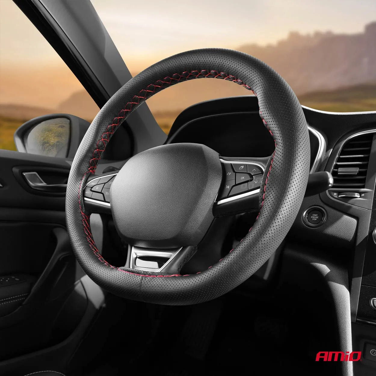 Perforated Stitching steering wheel cover black with red thread 38-39 cm