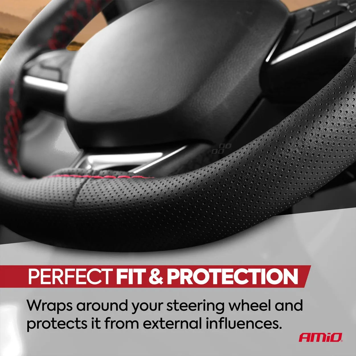 Perforated Stitching steering wheel cover black with red thread 38-39 cm