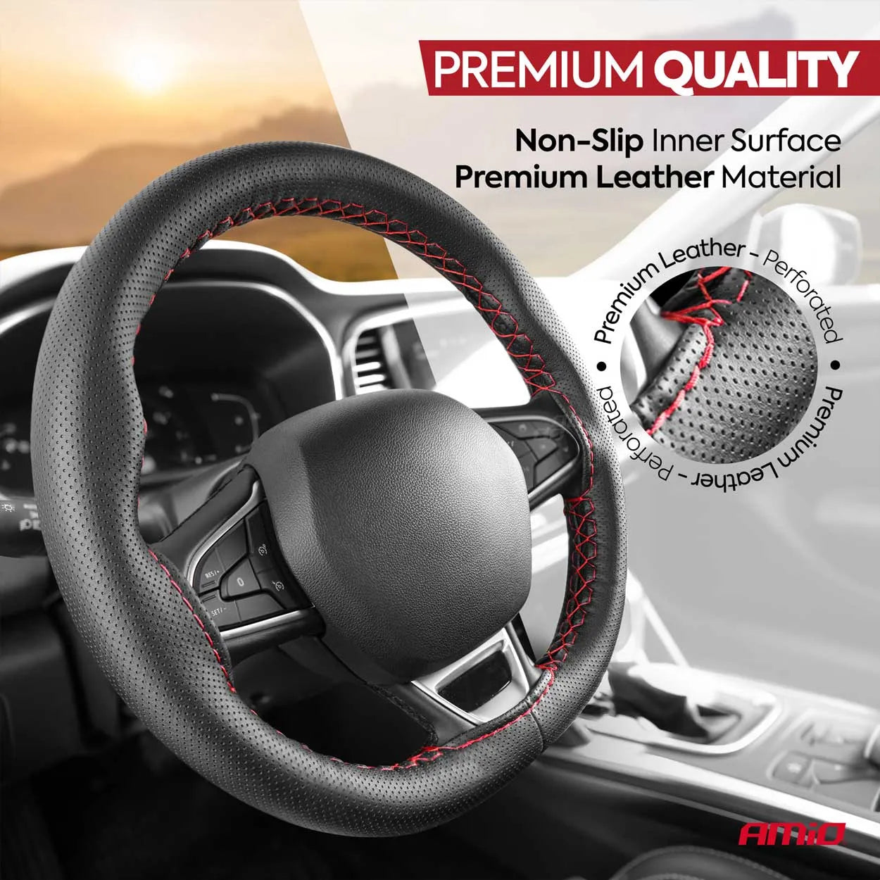 Perforated Stitching steering wheel cover black with red thread 38-39 cm