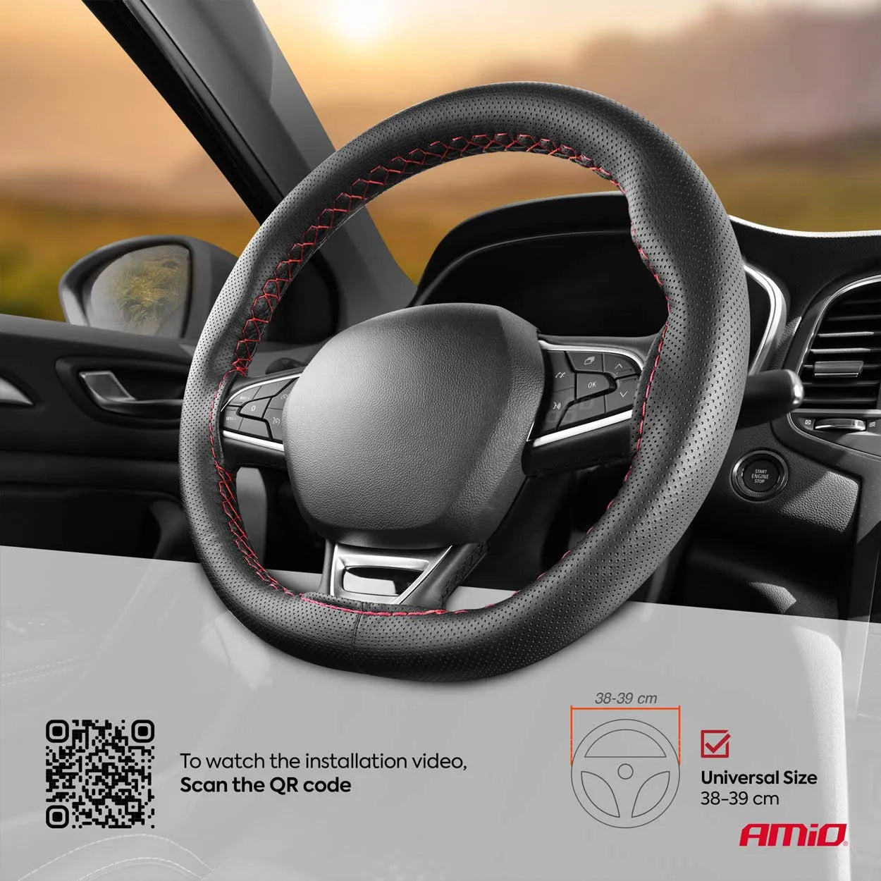 Perforated Stitching steering wheel cover black with red thread 38-39 cm