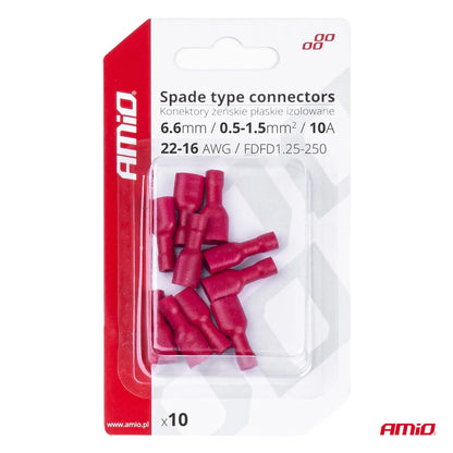 Spade type connectors 6.6mm 0.5-1.5mm2 10A 10 pcs