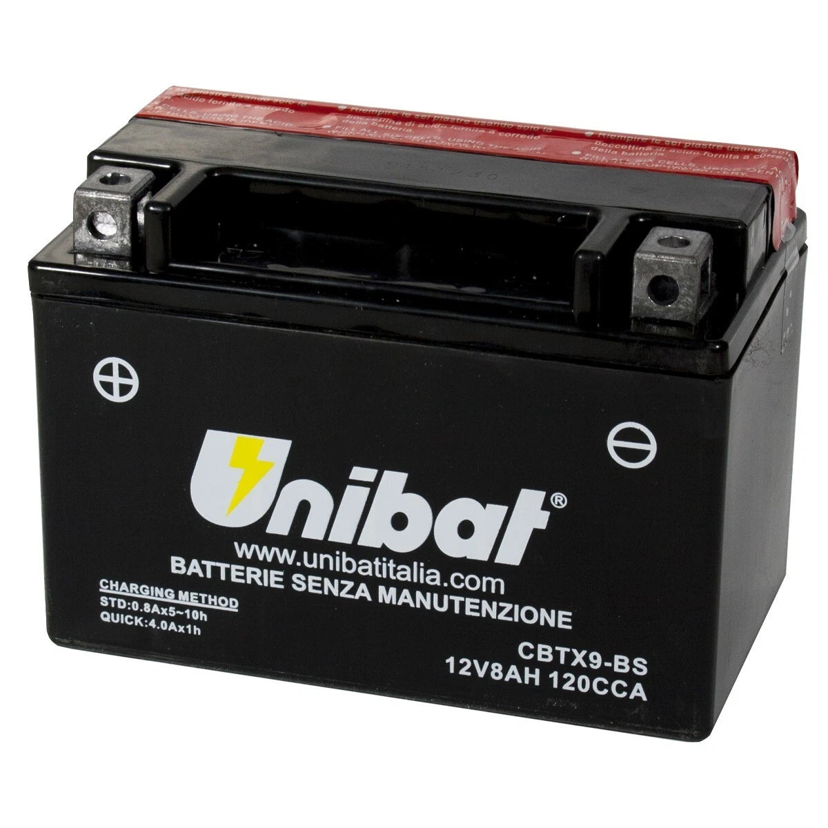      Volts
        12 Capacity Ah
        9 CCA A/EN
        130 Lunghezza (mm)
        135 Profondità (mm)
        75 Altezza (mm)
        139 Peso (kg)
        3.09 Volume di acido (Lt)
        0.49 Polarità
        Due poli positivo a Sx e negativo a Dx Terminale
        1 Layout
        0 

U.M. N. 