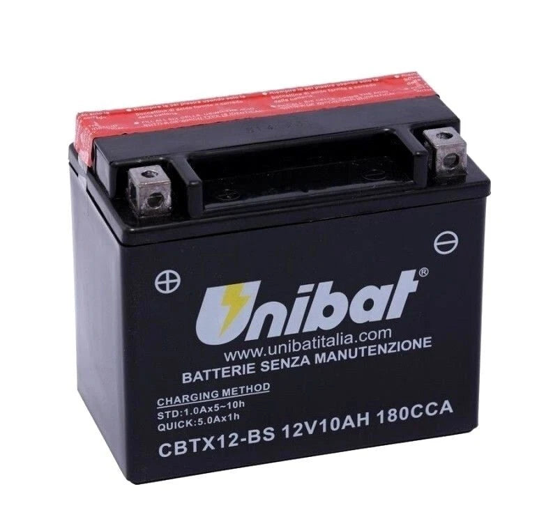     Volts
        12 Capacity Ah
        10 CCA A/EN
        180 Lunghezza (mm)
        150 Profondità (mm)
        87 Altezza (mm)
        130 Peso (kg)
        4.1 Volume di acido (Lt)
        0.6 Polarità
        Due poli positivo a Sx e negativo a Dx Terminale
        1 Layout
        0 

U.M. N. 